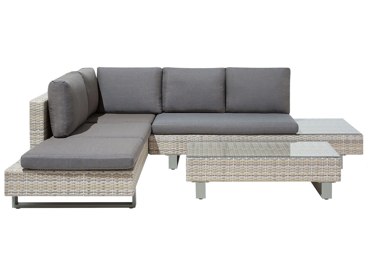 Corner Sofa Garden Set Beige Faux Rattan 5 Seater With Grey Cushions And Coffee Table