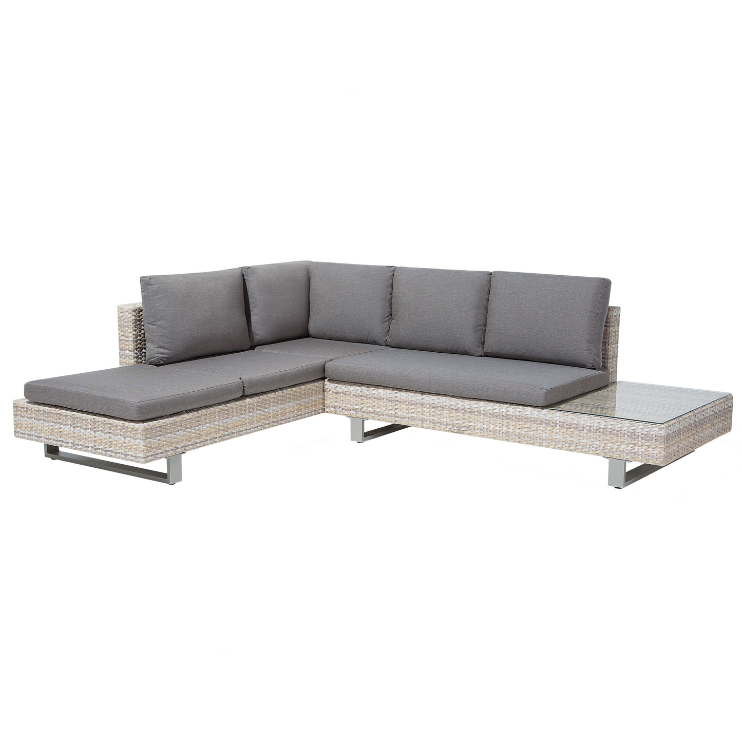 Corner Sofa Garden Set Beige Faux Rattan 5 Seater With Grey Cushions And Coffee Table