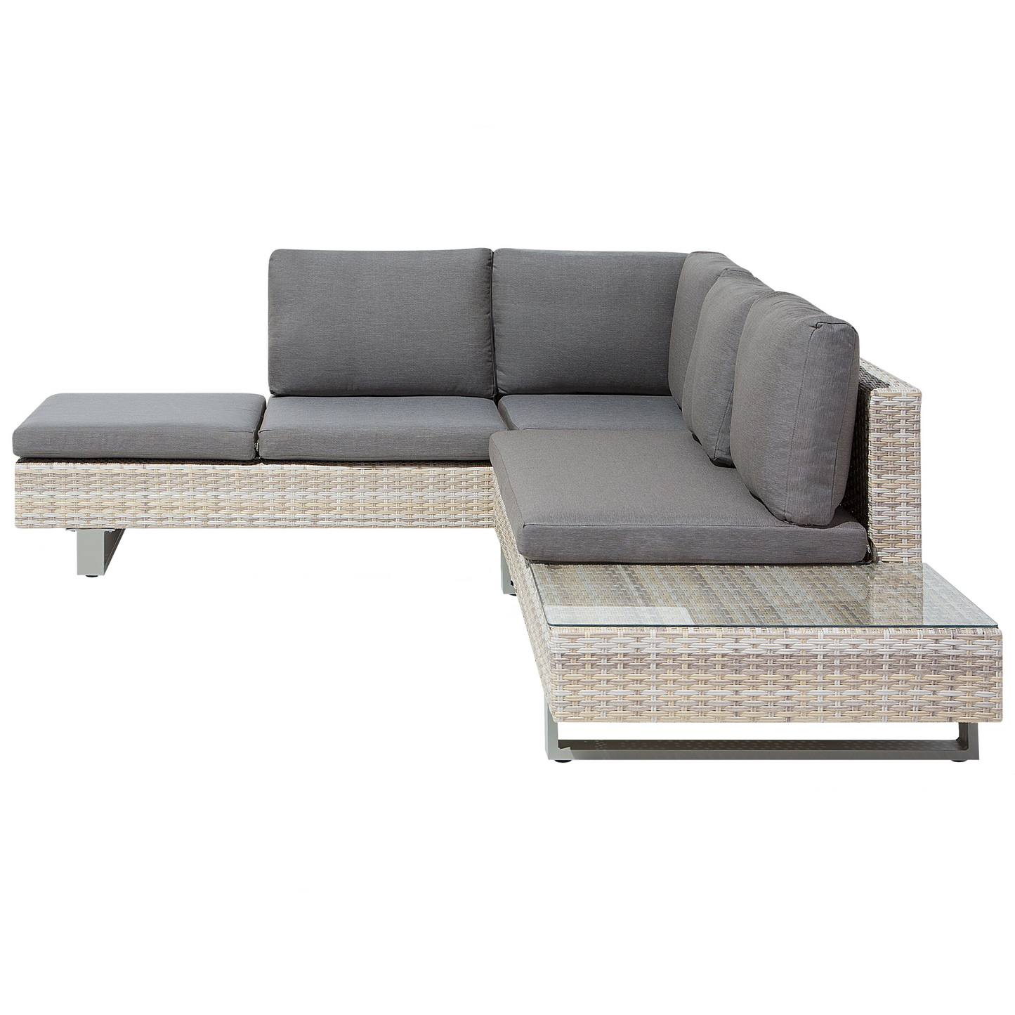 Corner Sofa Garden Set Beige Faux Rattan 5 Seater With Grey Cushions And Coffee Table