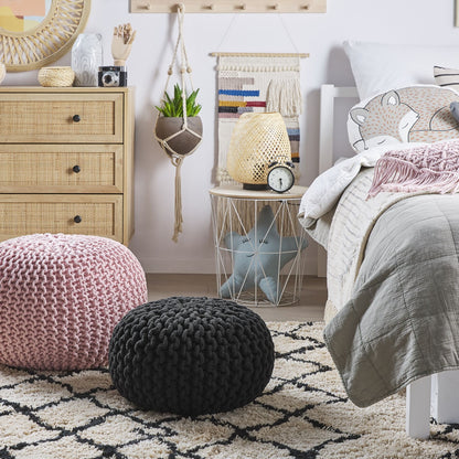 Black Knitted Cotton Pouf Ottoman 40 x 25cm EPS Beads