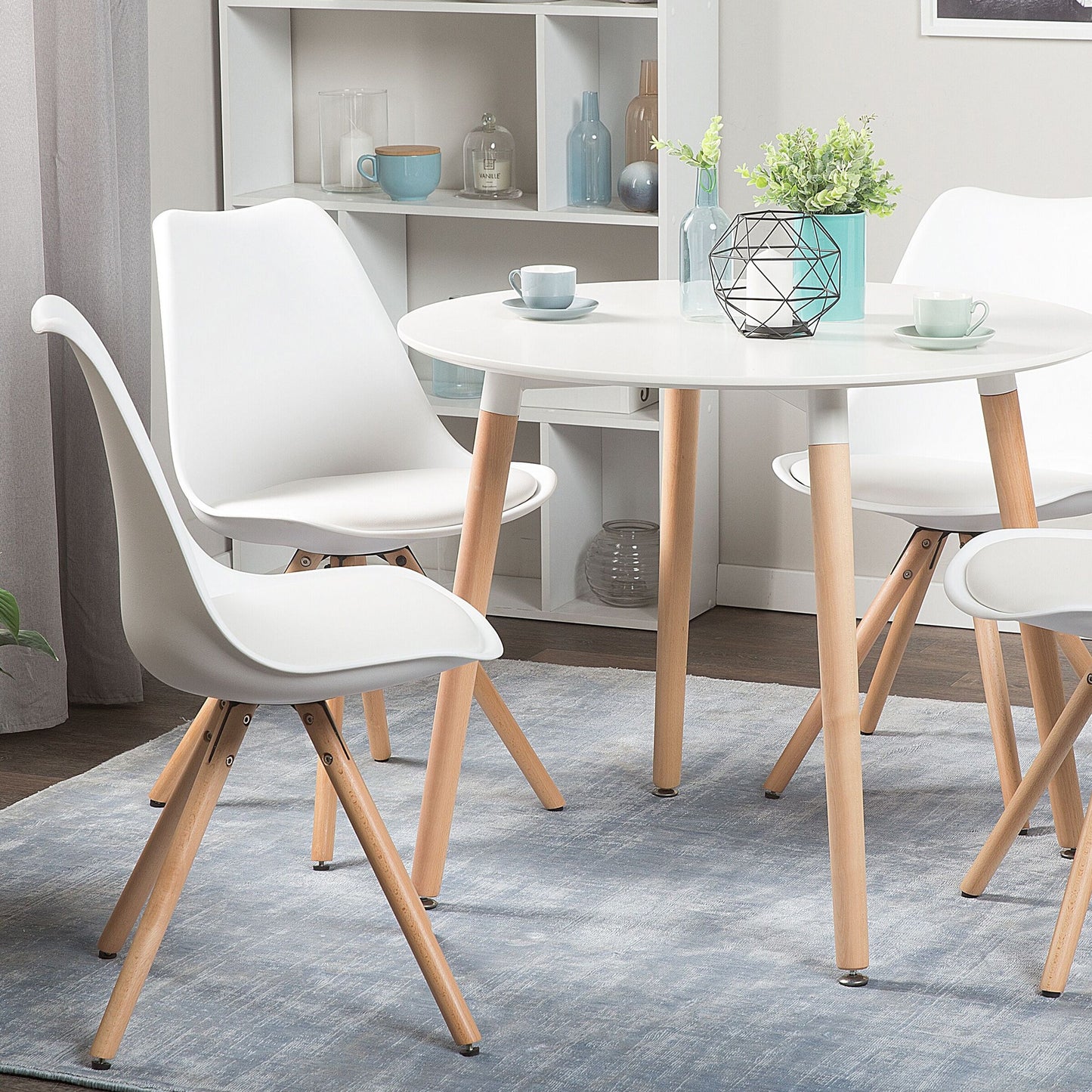 Set Of 2 Dining Chairs White Faux Leather Seats With Sleek Beechwood Legs