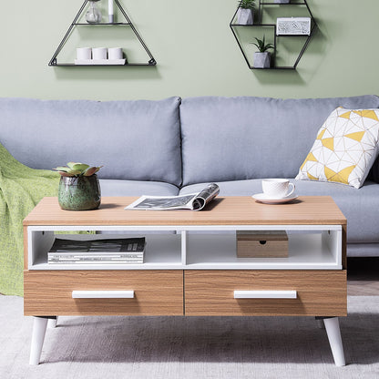 Scandinavian Coffee Table Light Brown With White Drawers And Shelves 100 x 60cm