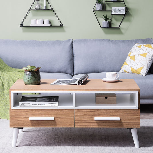 Scandinavian Coffee Table Light Brown With White Drawers And Shelves 100 x 60cm