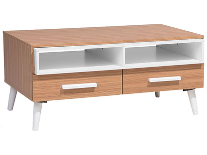 Scandinavian Coffee Table Light Brown With White Drawers And Shelves 100 x 60cm