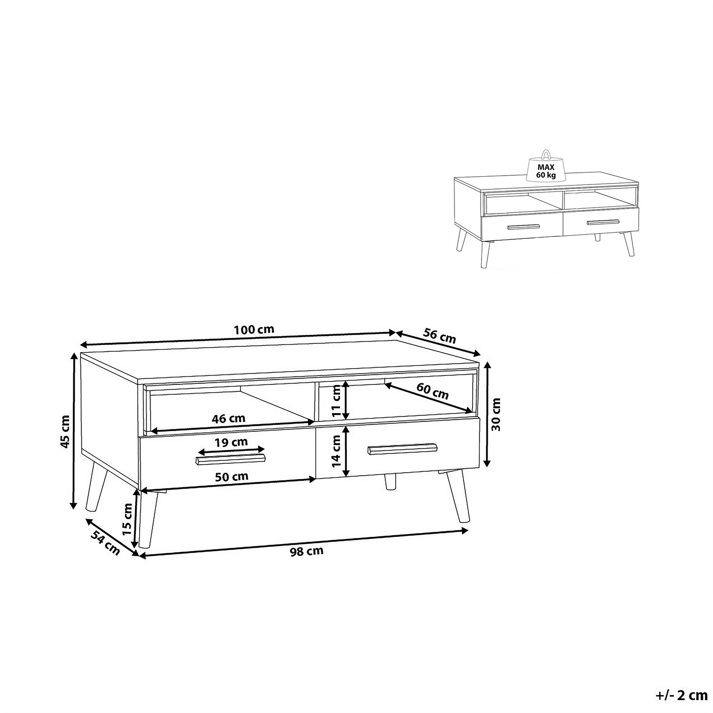 Scandinavian Coffee Table Light Brown With White Drawers And Shelves 100 x 60cm