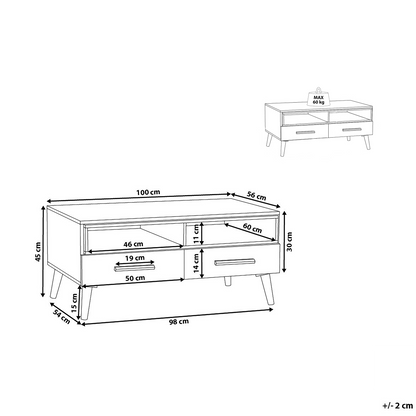 Scandinavian Coffee Table Light Brown With White Drawers And Shelves 100 x 60cm