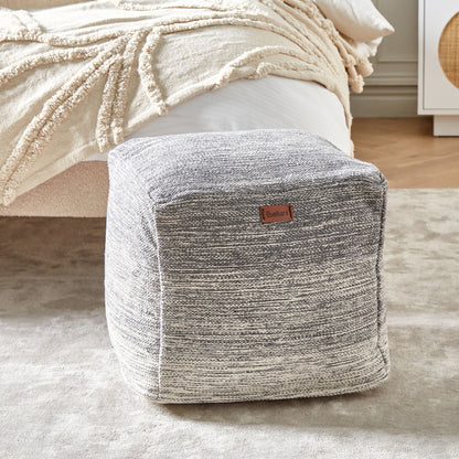 Pouffe Grey and White Cotton 3 Stripes Cube