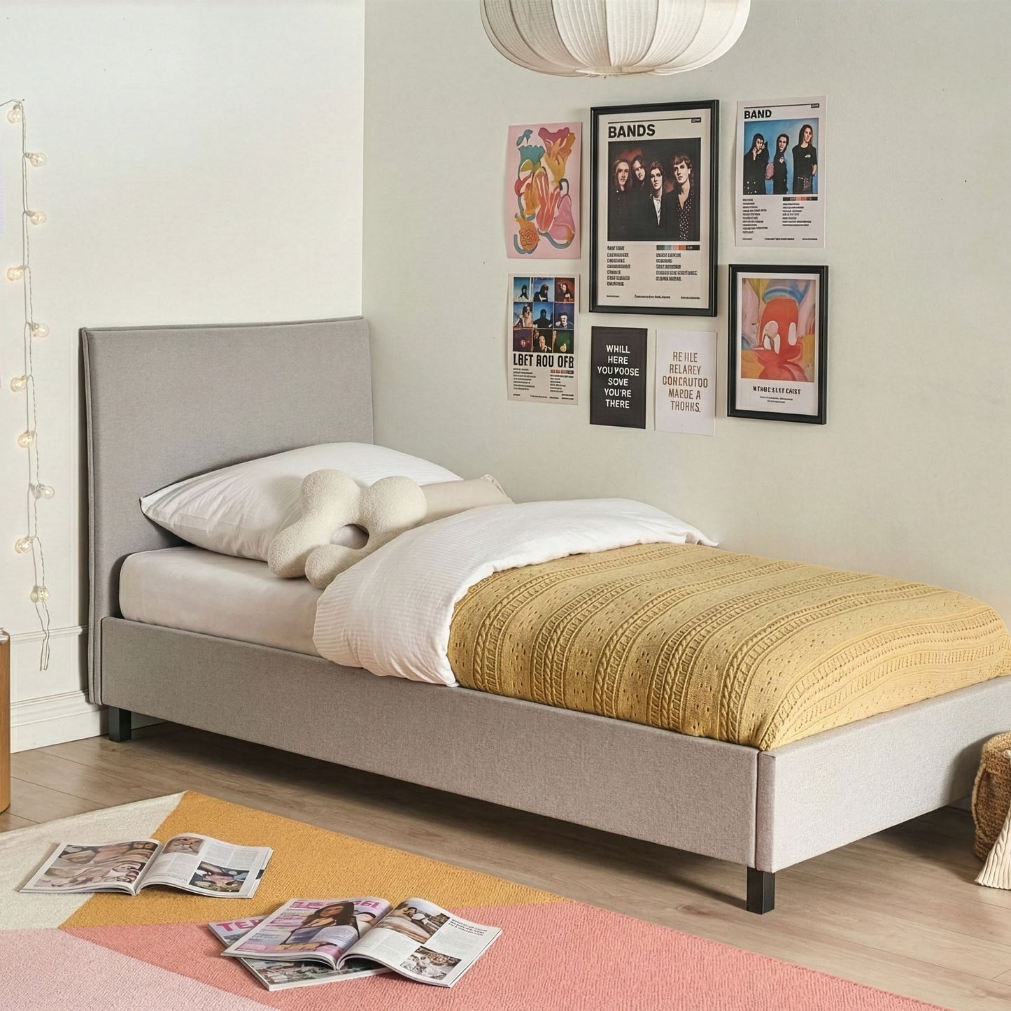 Grey Fabric Bed Frame EU Single Slat Headboard Minimalist