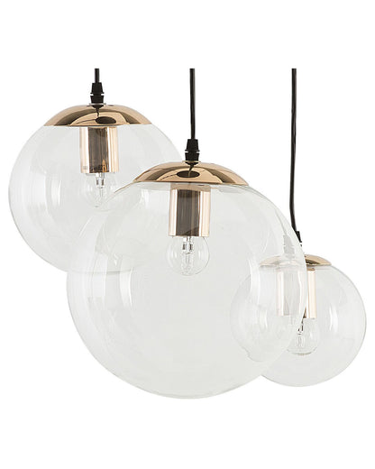 3 Light Pendant Lamp With Transparent Glass Spheres And Golden Metal Accents For Modern Glam Interiors