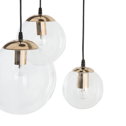 3 Light Pendant Lamp With Transparent Glass Spheres And Golden Metal Accents For Modern Glam Interiors
