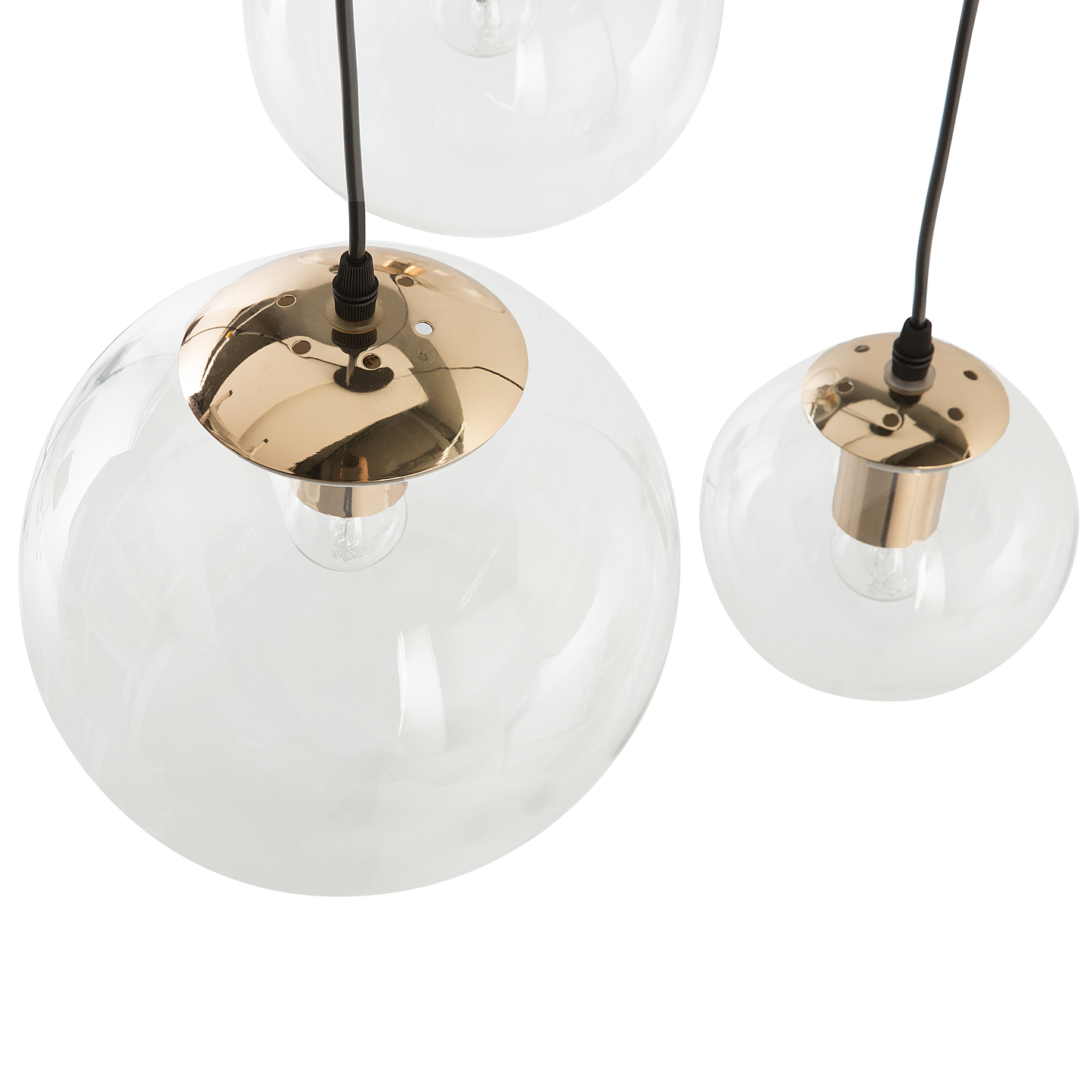 3 Light Pendant Lamp With Transparent Glass Spheres And Golden Metal Accents For Modern Glam Interiors