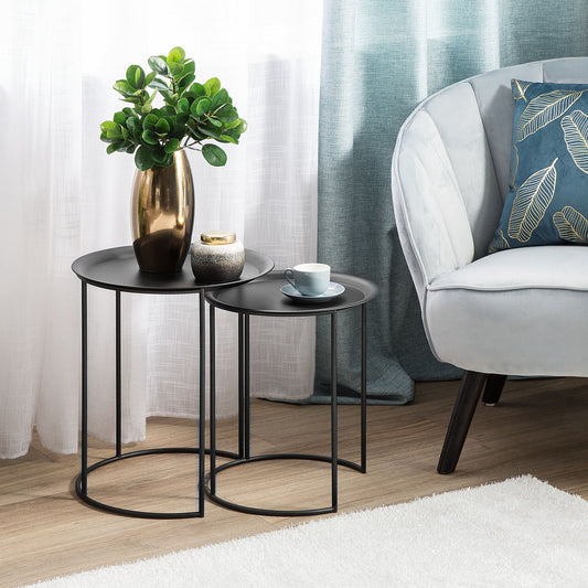 Nest Of 2 Tables Black Metal Round Tray Top Minimalist