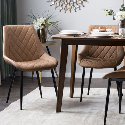 Faux Leather Dining Chairs Set of 2 Brown Quilted Iron Legs