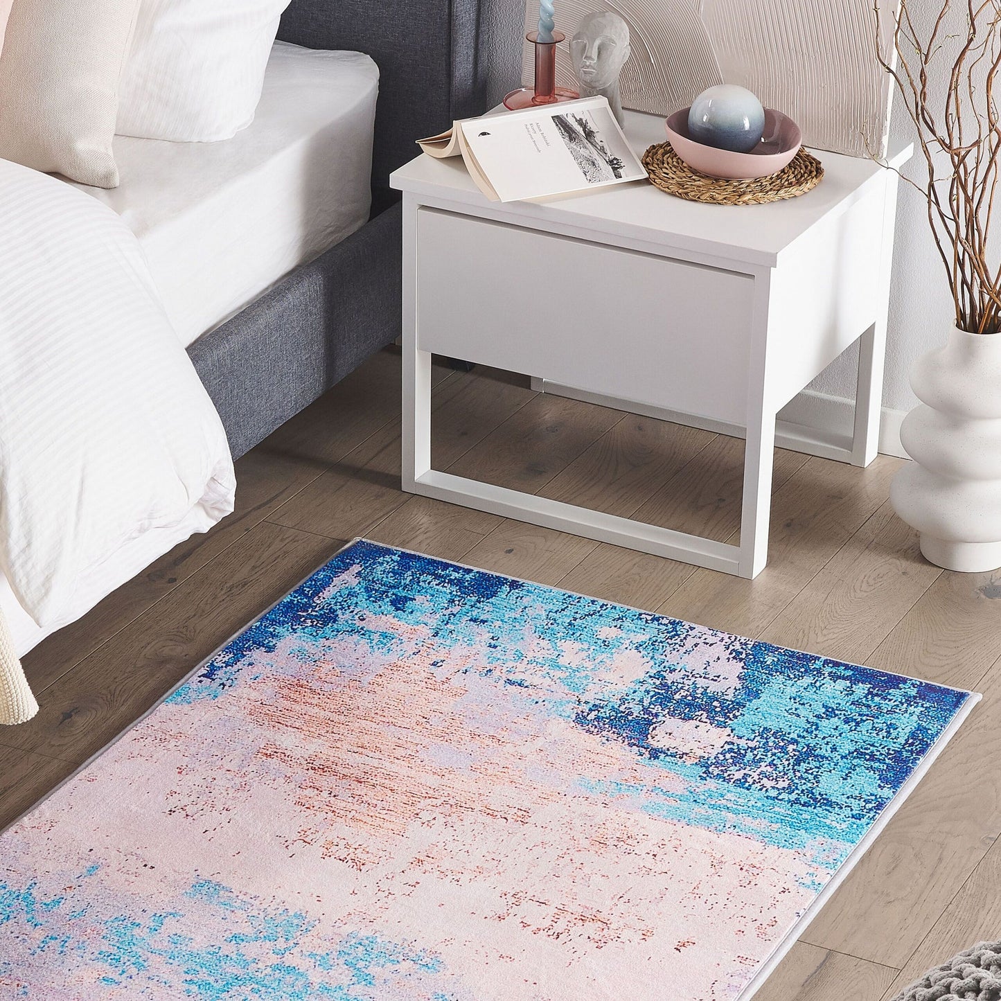 Blue Abstract Distressed Pattern Area Rug 80 x 150cm Polyester Durable Rubber Coated Bottom