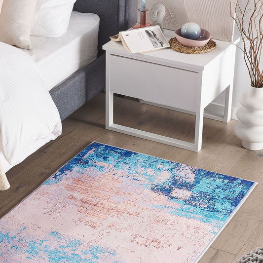 Blue Abstract Distressed Pattern Area Rug 80 x 150cm Polyester Durable Rubber Coated Bottom