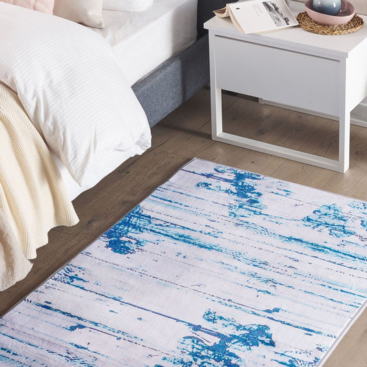 Area Rug Beige Blue Polyester With Abstract Distressed Pattern Rubber Coated Bottom 80 x 150cm
