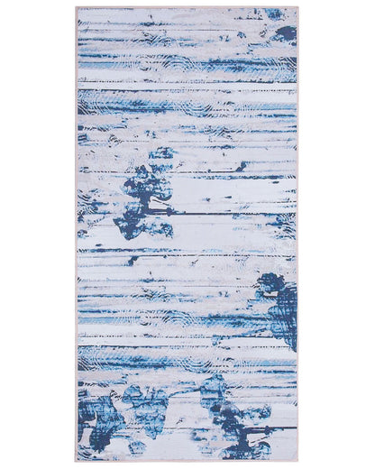 Area Rug Beige Blue Polyester With Abstract Distressed Pattern Rubber Coated Bottom 80 x 150cm
