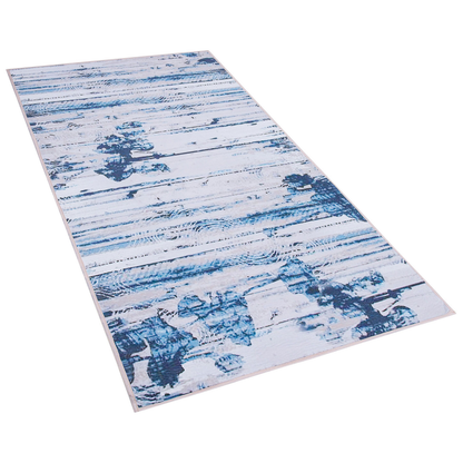 Area Rug Beige Blue Polyester With Abstract Distressed Pattern Rubber Coated Bottom 80 x 150cm