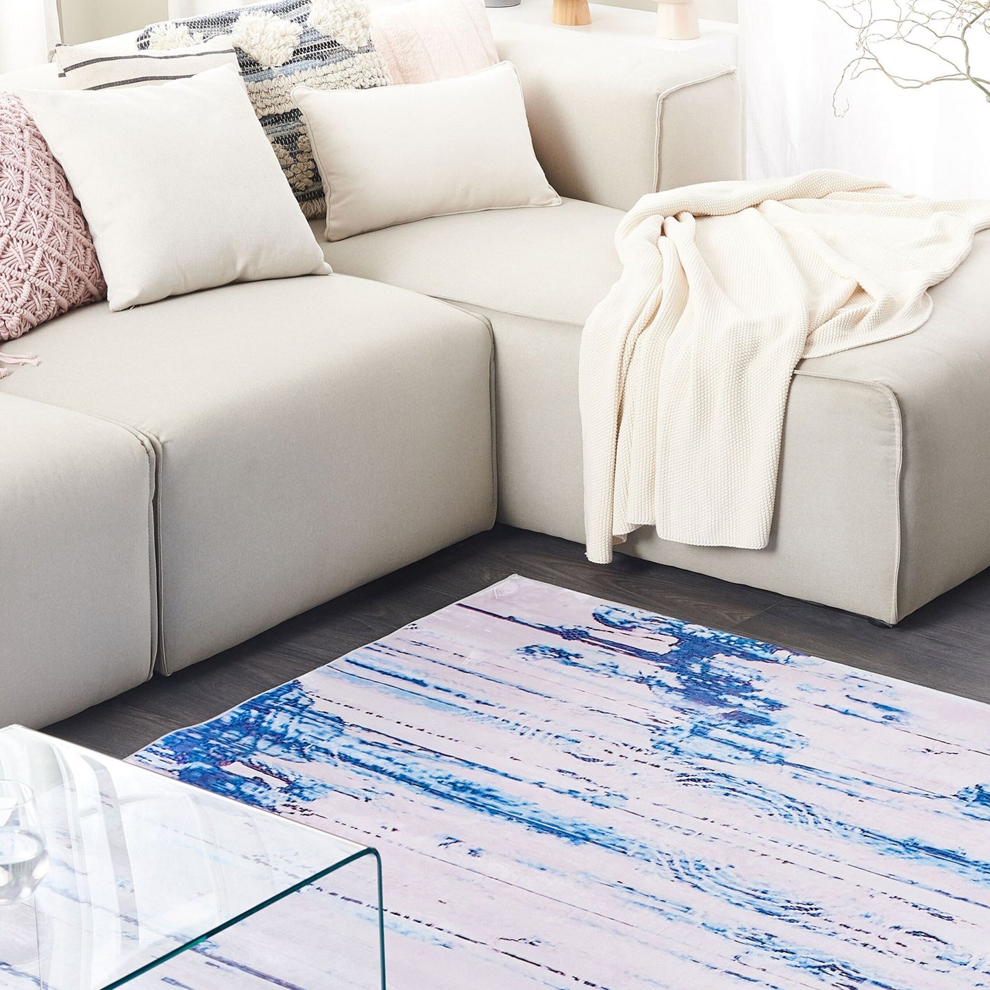 Area Rug Abstract Distressed Pattern 140 x 200cm Beige Blue With Rubber Coated Bottom