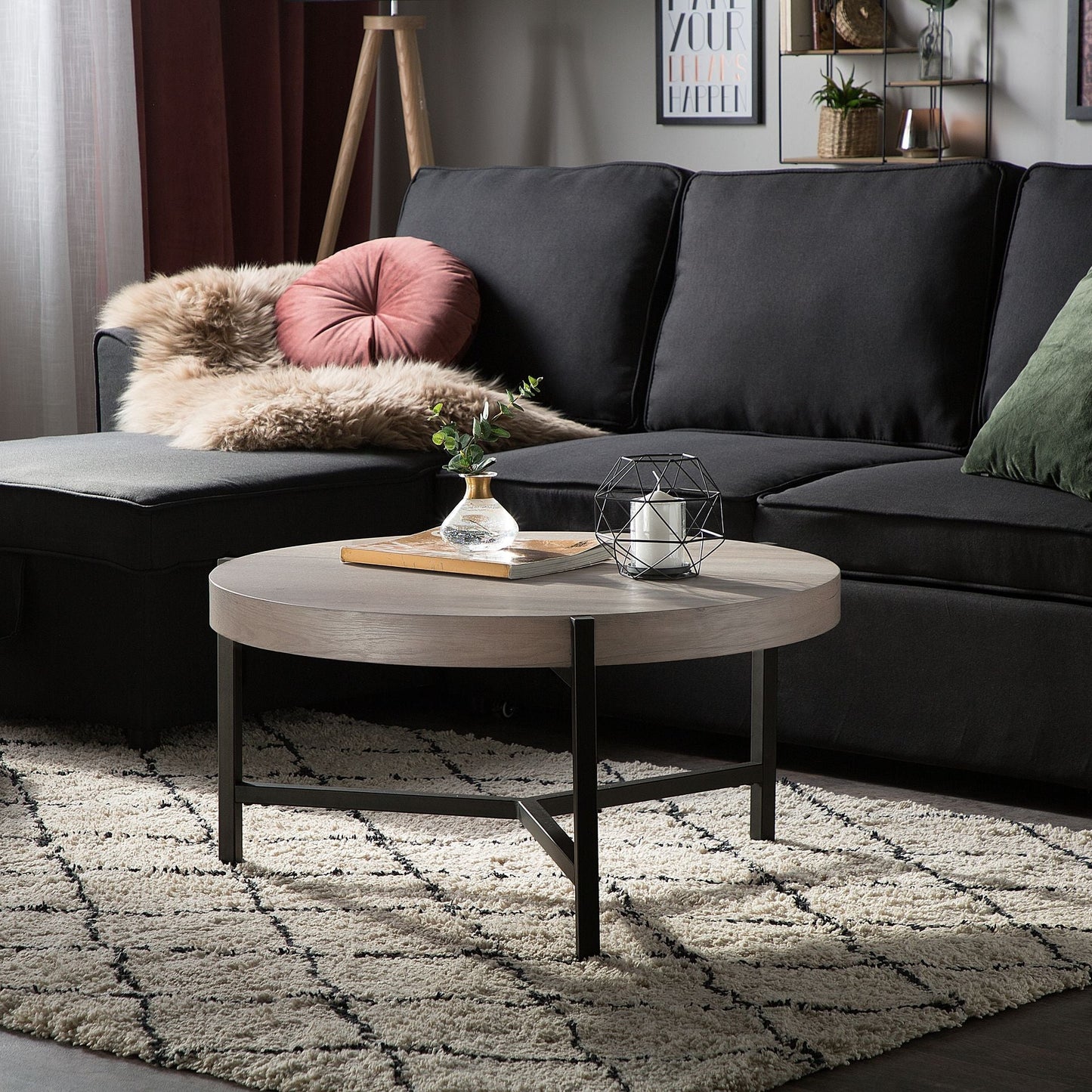 Round Coffee Table Taupe Wood Top Black Metal Legs 70cm