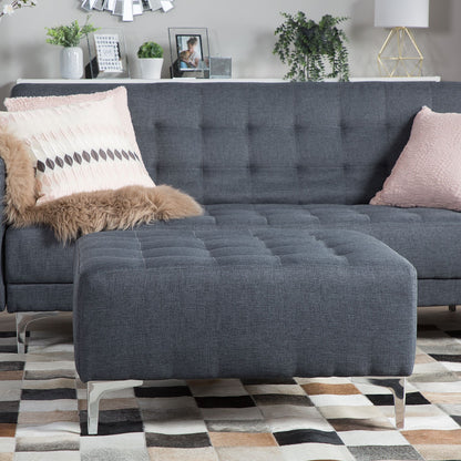 Square Ottoman Dark Grey Tufted Footstool With Silver Legs