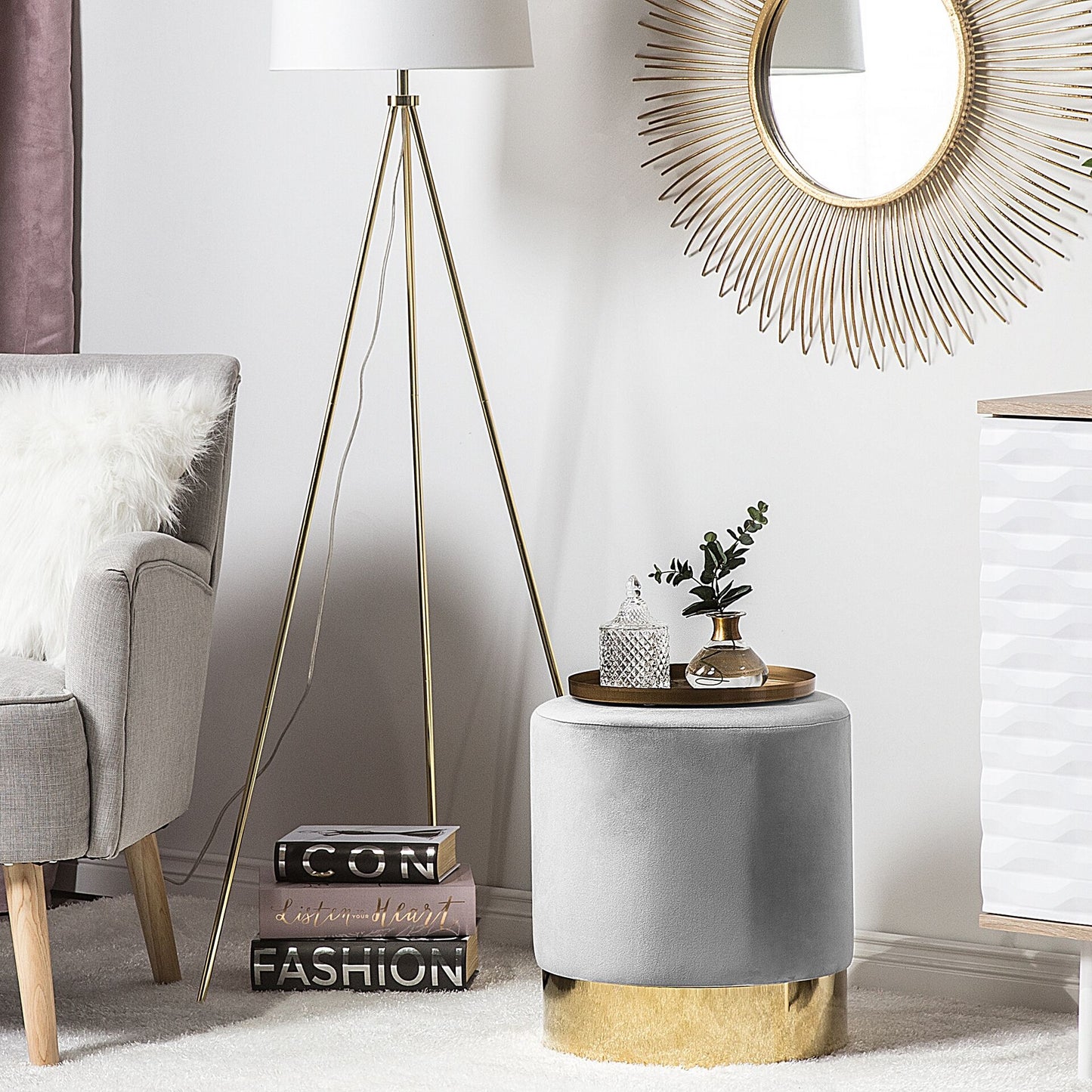 Velvet Grey Round Footstool With Gold Trim
