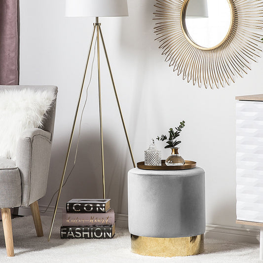 Velvet Grey Round Footstool With Gold Trim