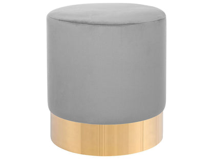 Velvet Grey Round Footstool With Gold Trim