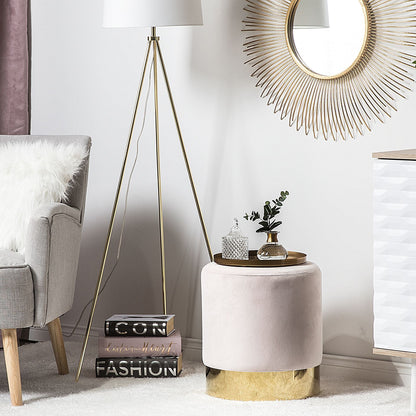 Pink Velvet Round Footstool Pouffe With Gold Trim
