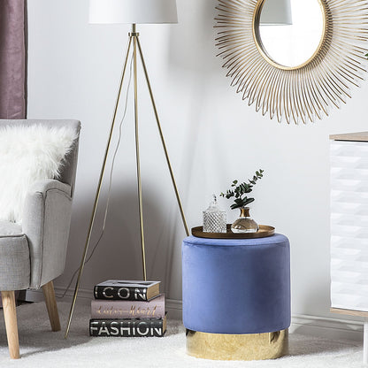 Velvet Footstool Blue Round Pouffe With Gold Trim