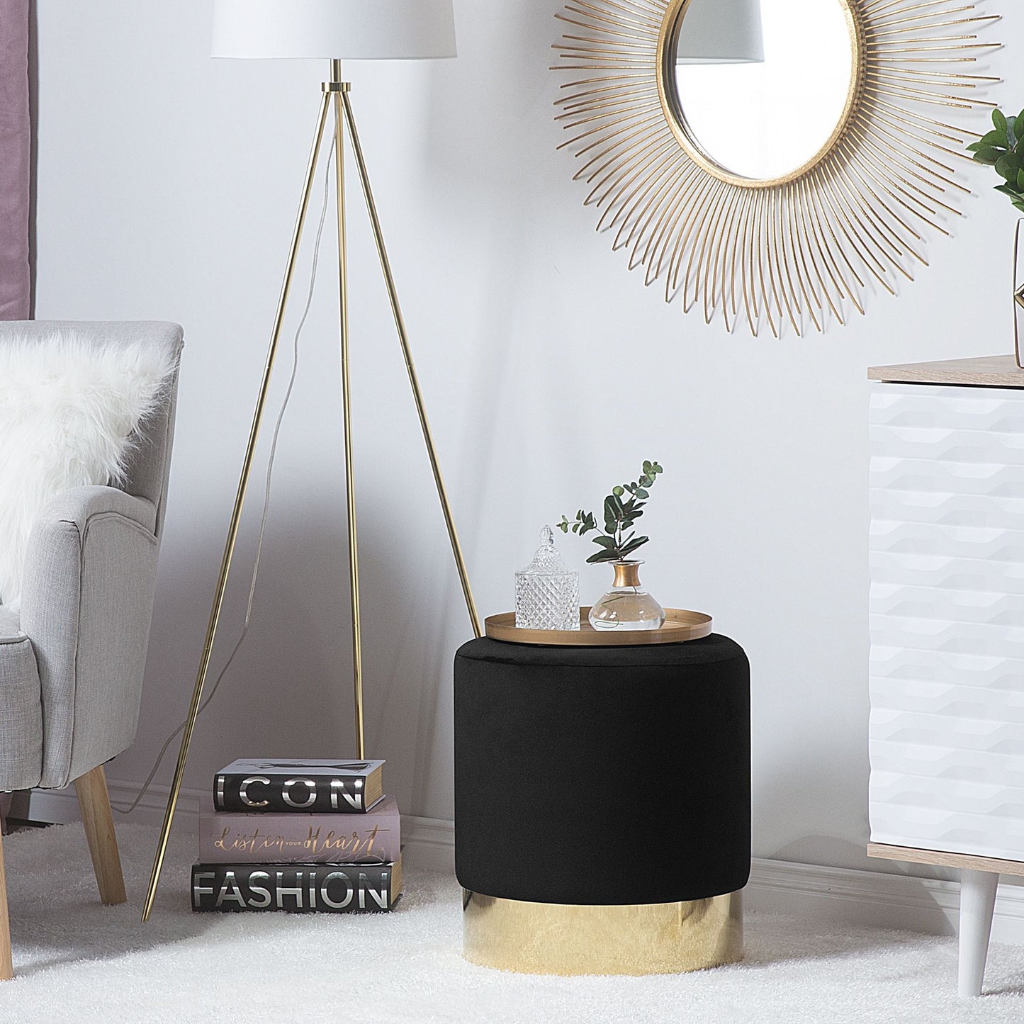 Living Velvet Footstool Round Black With Gold Base