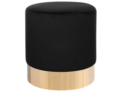 Living Velvet Footstool Round Black With Gold Base