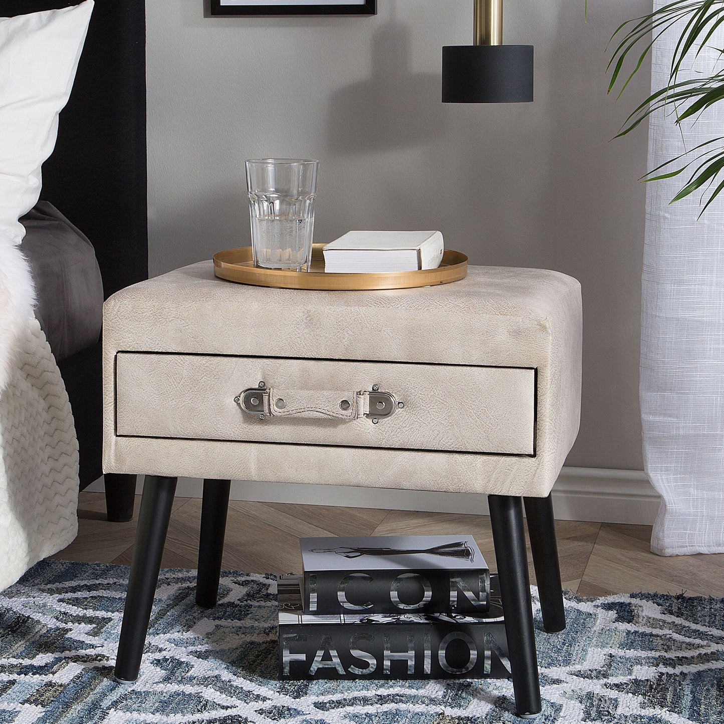 Voyage Living Side Table With Storage Beige Faux Leather Black Legs