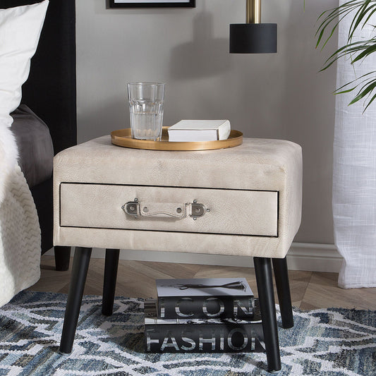 Voyage Living Side Table With Storage Beige Faux Leather Black Legs
