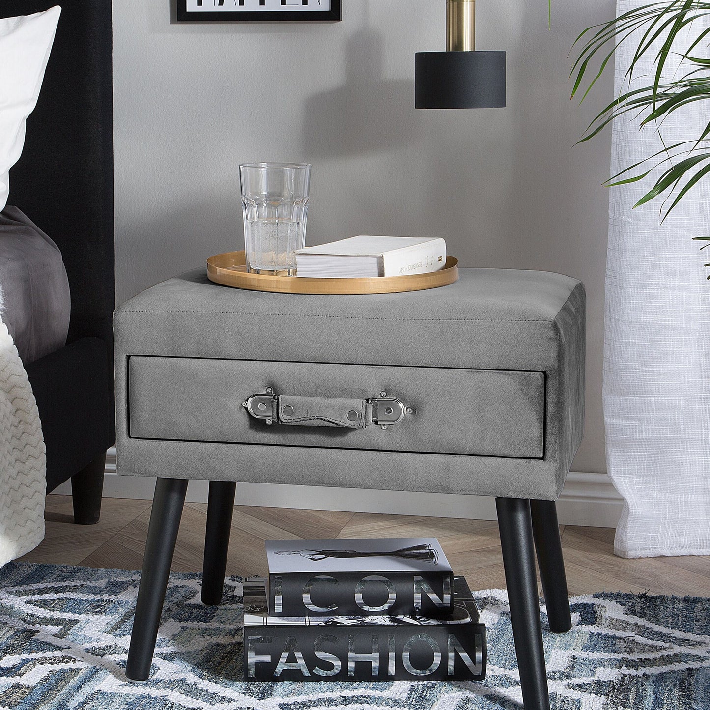 Velvet Side Table With Storage Grey Suitcase Handle 46 x 50 x 35cm