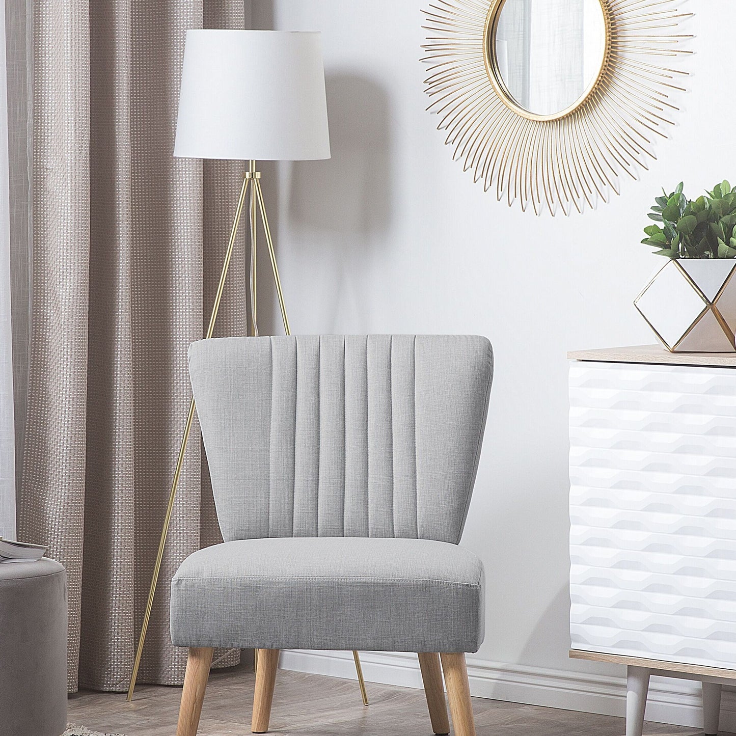 Armchair Armless Light Grey Slipper Chair Tufted Wood Legs