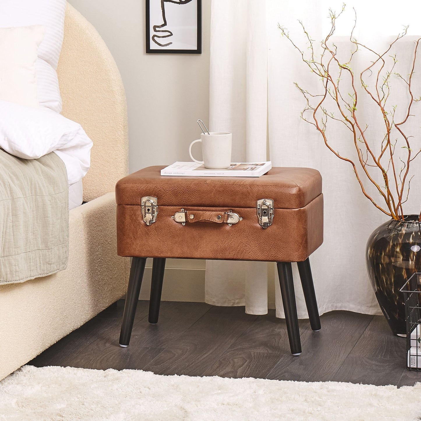 Buttoned Storage Stool Brown Faux Leather Suitcase Design