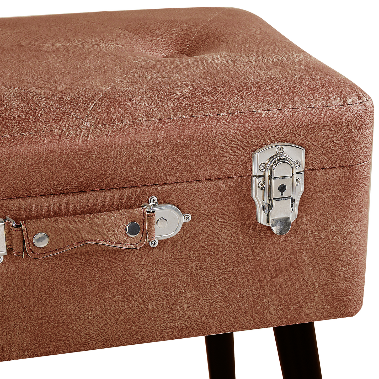 Buttoned Storage Stool Brown Faux Leather Suitcase Design