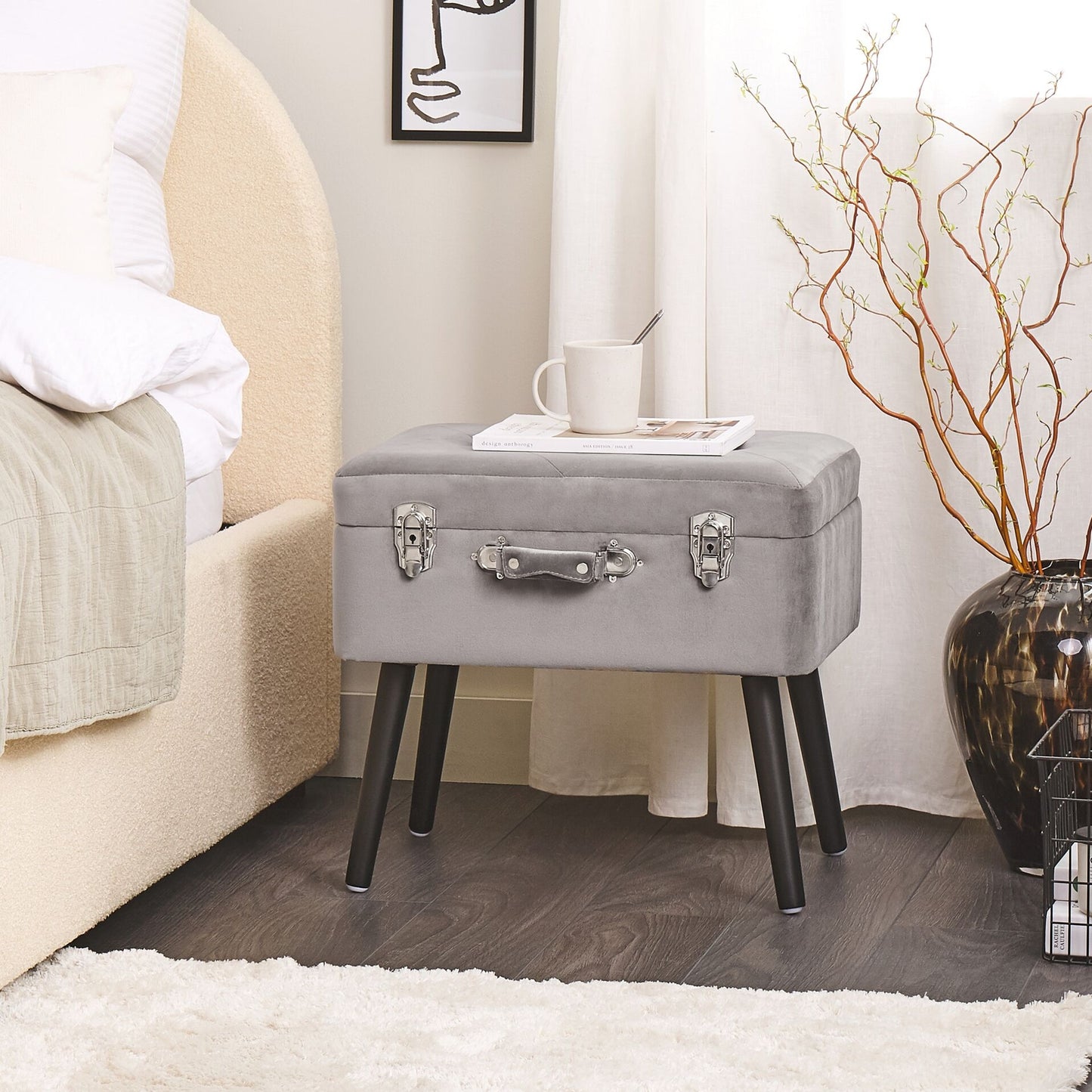 Storage Stool Grey Velvet Suitcase Design With Black Legs