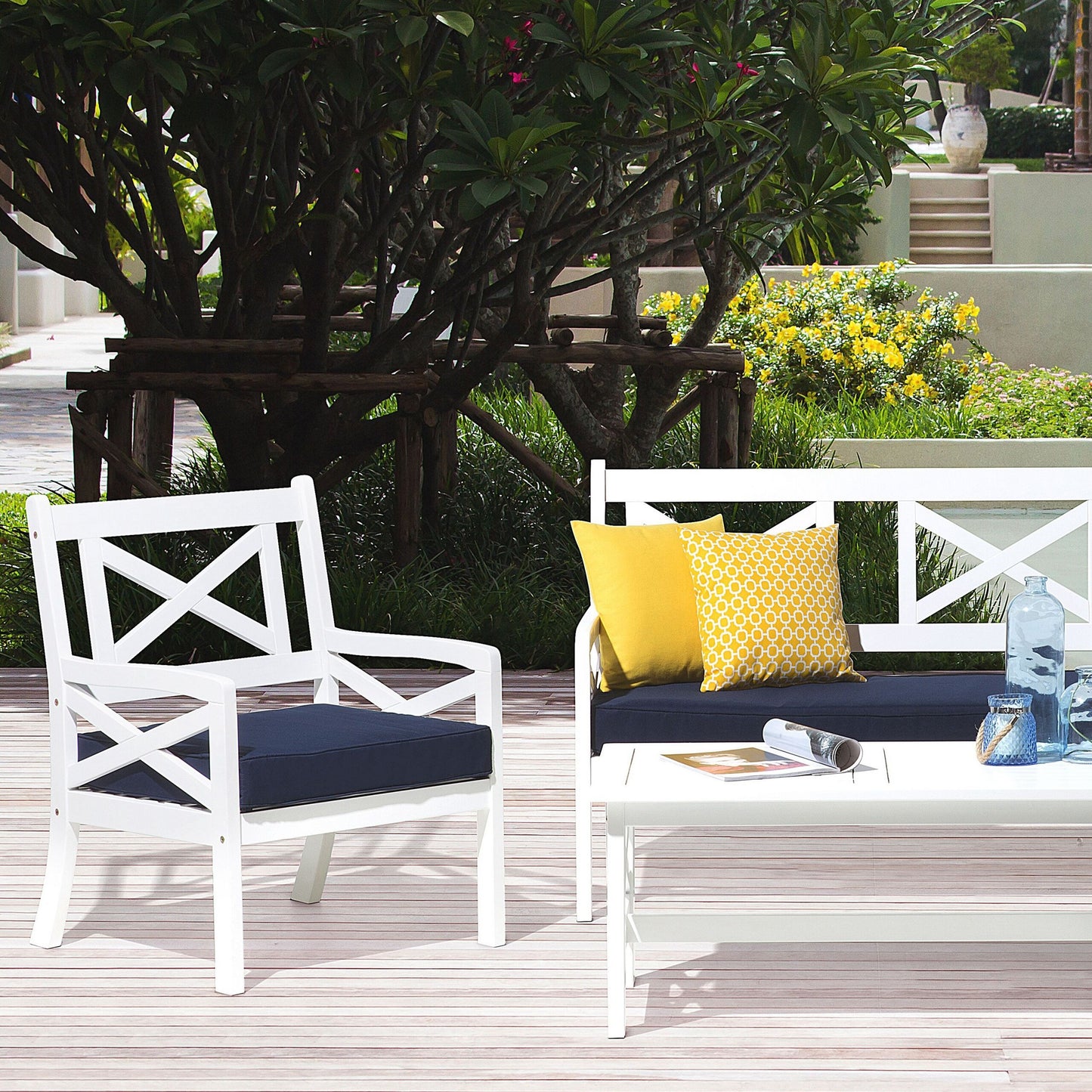 Coastal Garden Chair White Acacia Wood With Blue Cushion Armrests