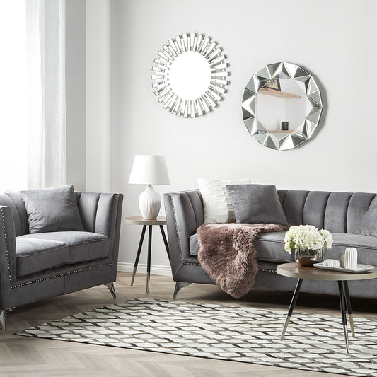 Set of 2 Three Seater Grey Sofa Set Nail Head Trim Panel Tufting