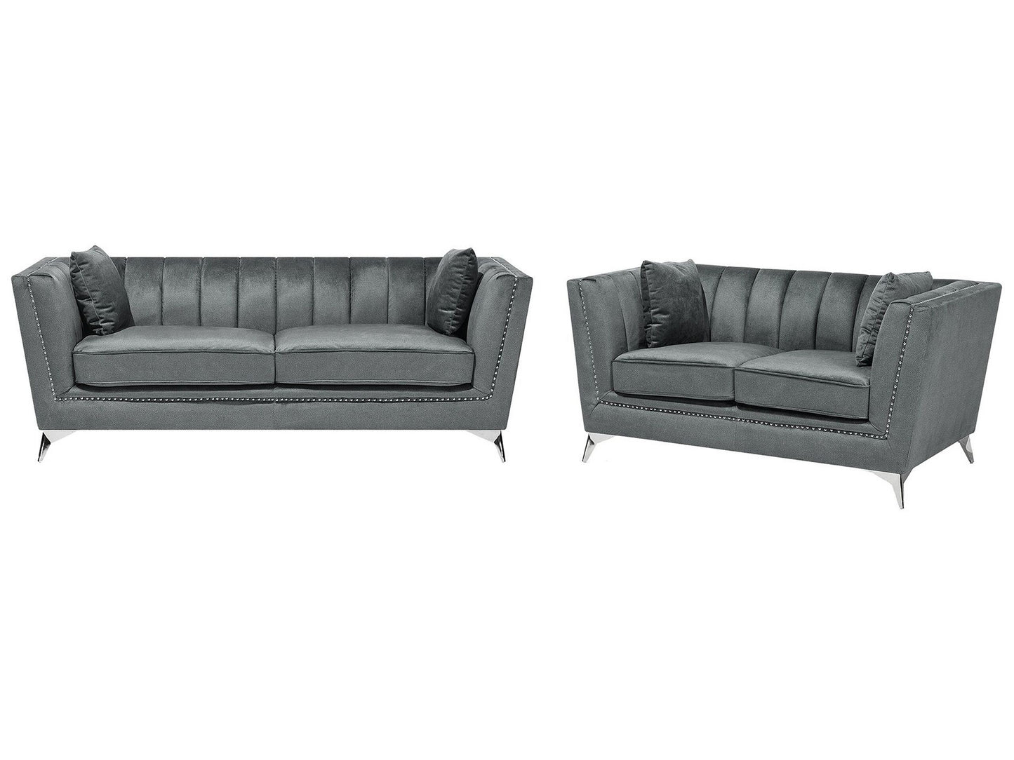 Set of 2 Three Seater Grey Sofa Set Nail Head Trim Panel Tufting