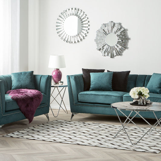 Home Teal Blue 2 and 3 Seater Sofa Set Nail Head Trim Tufted