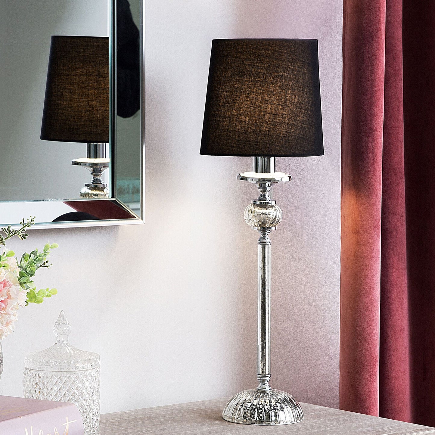 Table Lamp Silver Metal Base Black Empire Shade Glass Accents