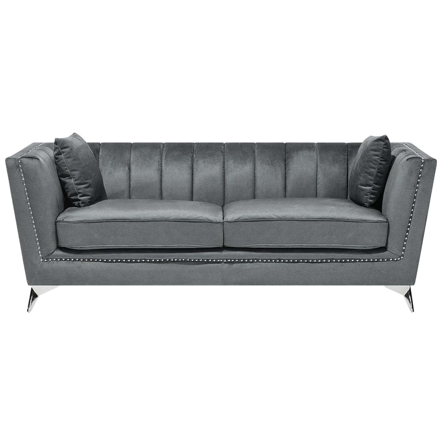 Set of 2 Three Seater Grey Sofa Set Nail Head Trim Panel Tufting
