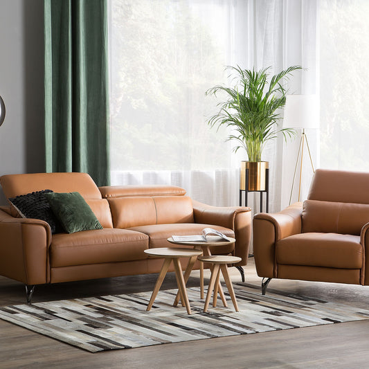 Brown Leather 3+1 Sofa Set With Adjustable Headrest