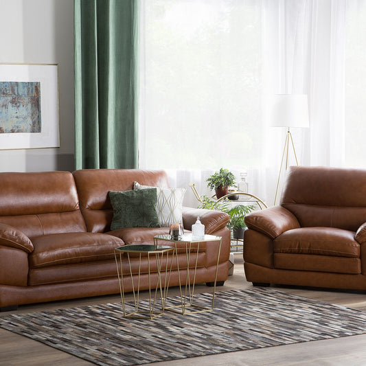 3 Plus 1 Brown Leather Sofa Set With Extra Seating And Upholstered Back Retro
