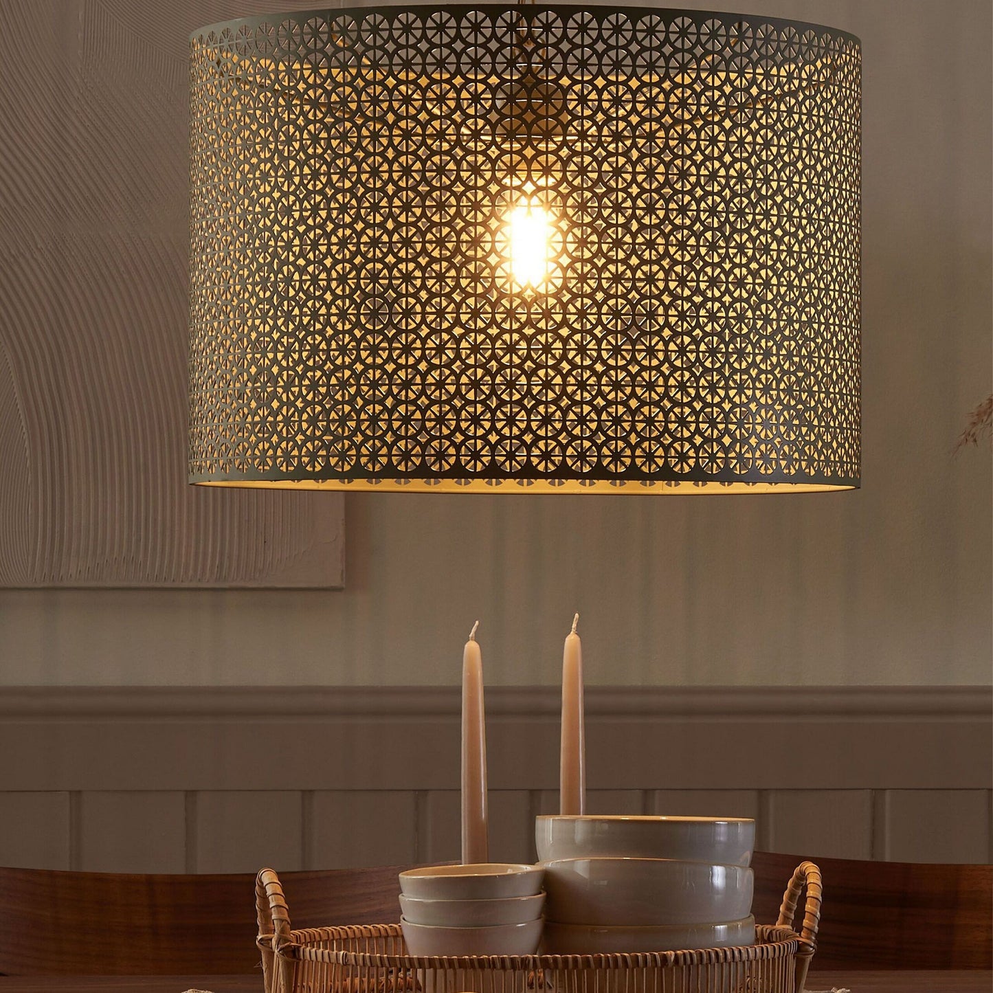 Pendant Lamp Grey Patterned Metal Drum Shade Modern
