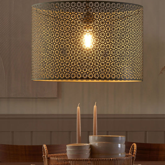 Pendant Lamp Grey Patterned Metal Drum Shade Modern