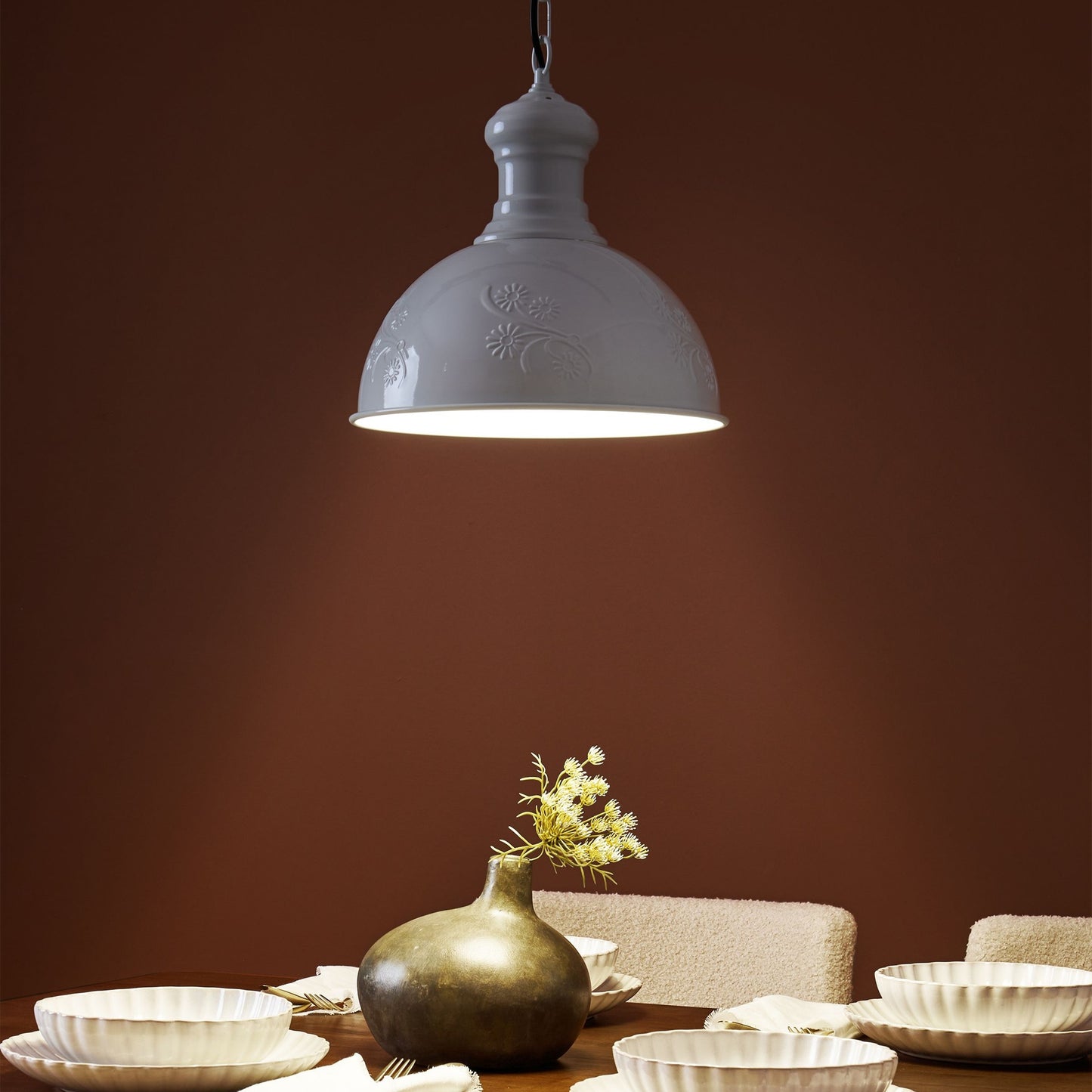 Pendant Lamp Off White Metal Floral Industrial